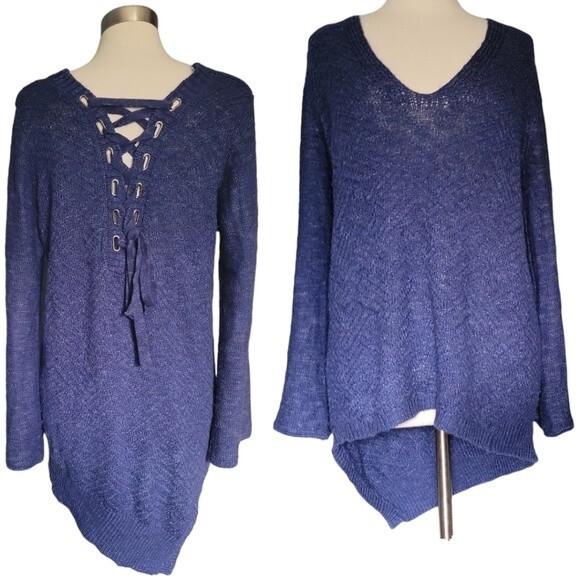 Democracy Blue Lace-up Bell Sleeve Asymmetrical/High-Low Sweater - XL - Picture 1 of 12